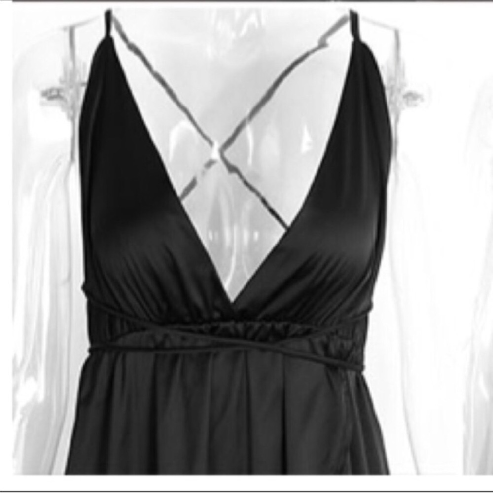 Black Satiny Maxi Dress with Dramatic Leg Slit - Picture 3 of 6